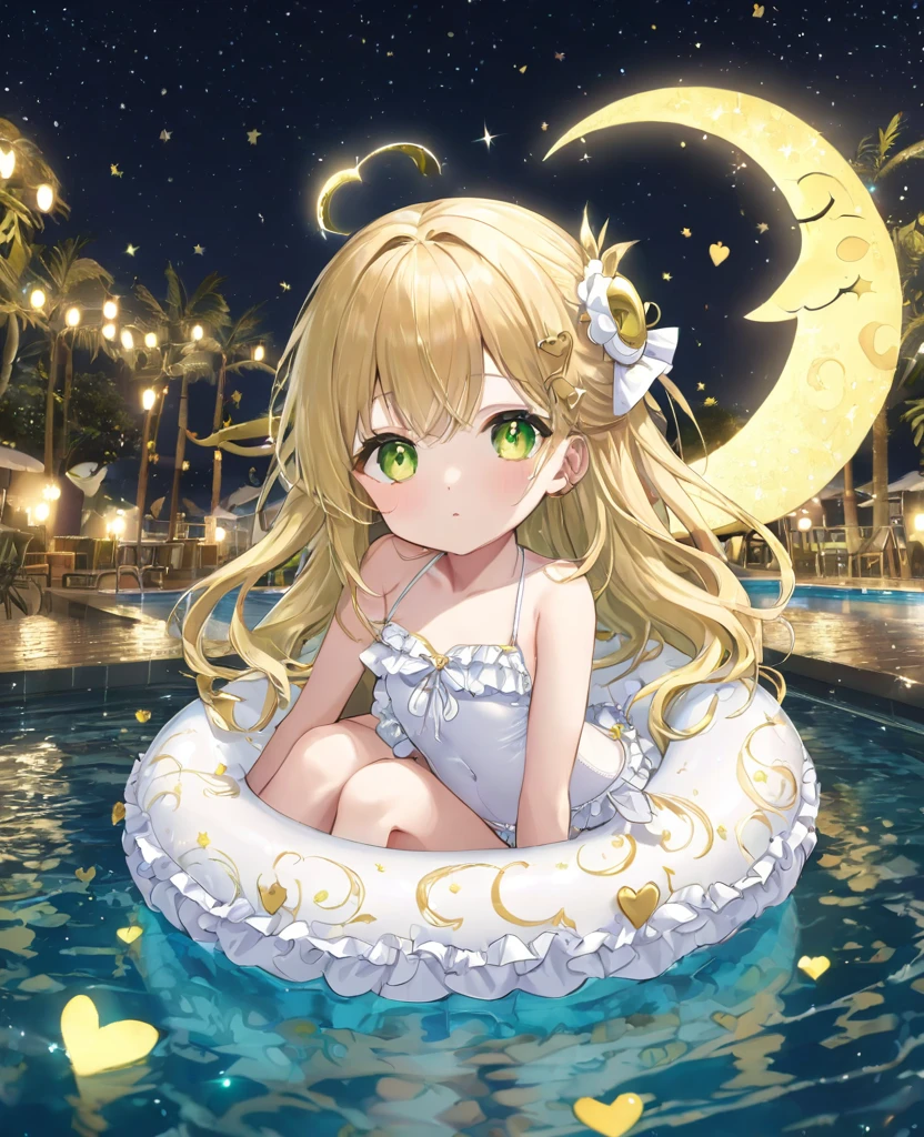 (masterpiece, best quality:1.2), (absurdres, highres, ultra-detailed), (perfect anatomy), 
Cute Girls、Night Pool、Riding on a float、Blonde、Fluffy longhair、Yellow-green eyes、Background glitter、night、Crescent Moon、heart、White frilly swimsuit

(8K, RAW photo:1.2),detailed face and eyes,intricate detail ,masterpiece ,sharp focus, high quality,BREAK,rating: general, newest