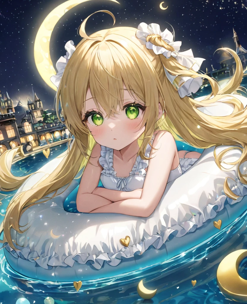 (masterpiece, best quality:1.2), (absurdres, highres, ultra-detailed), (perfect anatomy), 
Cute Girls、Night Pool、Riding on a float、Blonde、Fluffy longhair、Yellow-green eyes、Background glitter、night、Crescent Moon、heart、White frilly swimsuit

(8K, RAW photo:1.2),detailed face and eyes,intricate detail ,masterpiece ,sharp focus, high quality,BREAK,rating: general, newest