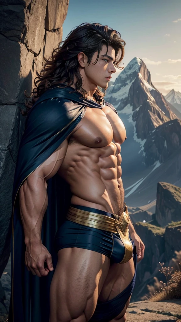 (muscular cute beautiful young boy Arion), huge strong biceps volume, huge chest muscles volume, strong muscular legs, exposed abs skin, tight trunks and cape, huge cock bulge, mountains background, wavy hair, side view