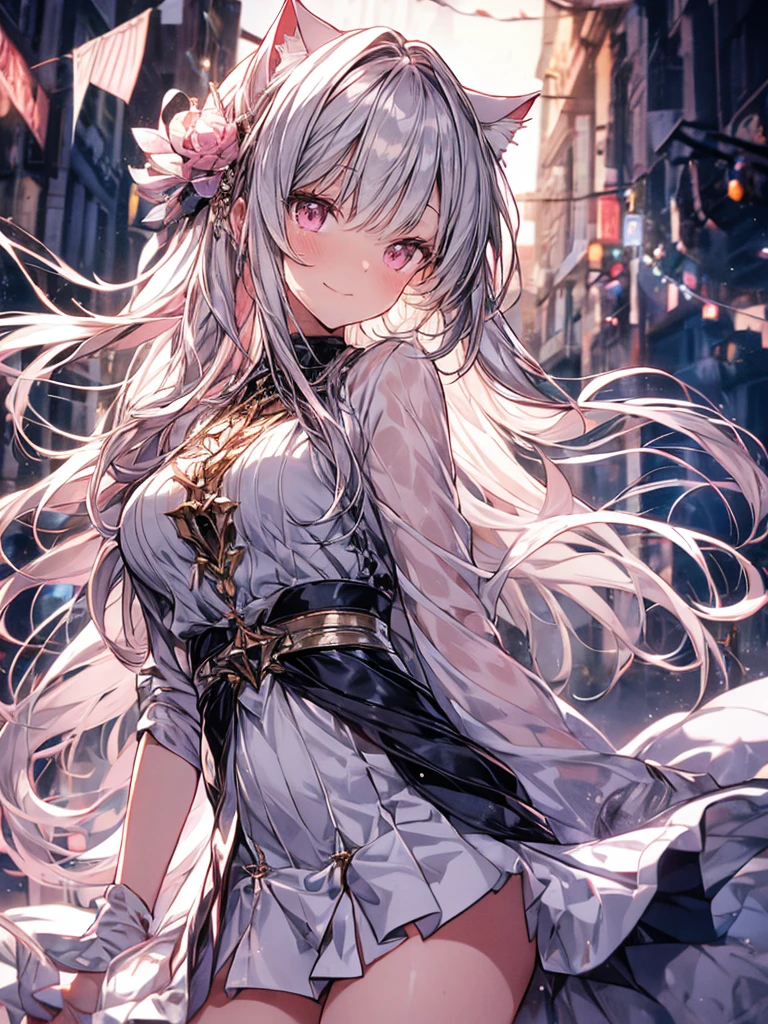 Highly detailed face,fine grain,Sparkling eyes,Highlighted eyes,Medium chest,pretty girl, bewitching smile,Longing eyes,Cat ear, Beautiful silver hair,Pink inside,Beautiful pink eyes,Oversized shirt,skirt