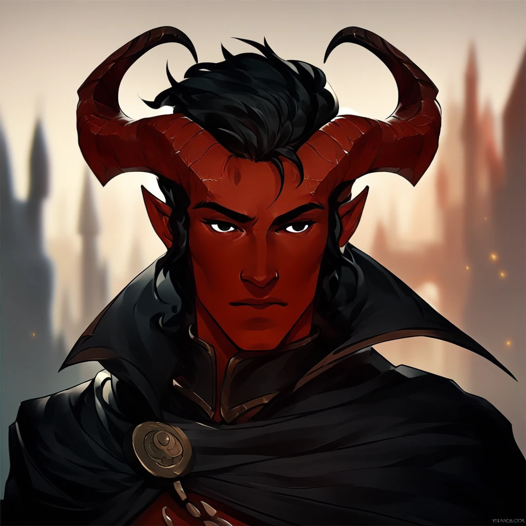 (((beautiful, high quality))), portrait, score_9, score_8_up, score_7_up, Tiefling, pointed ears, horns, 1boy, dark red skin, black hair, total black eyes, black cape, fantasy background, blurred background, (((comely, high qualiy))), portraite, armors, Fantasy Background