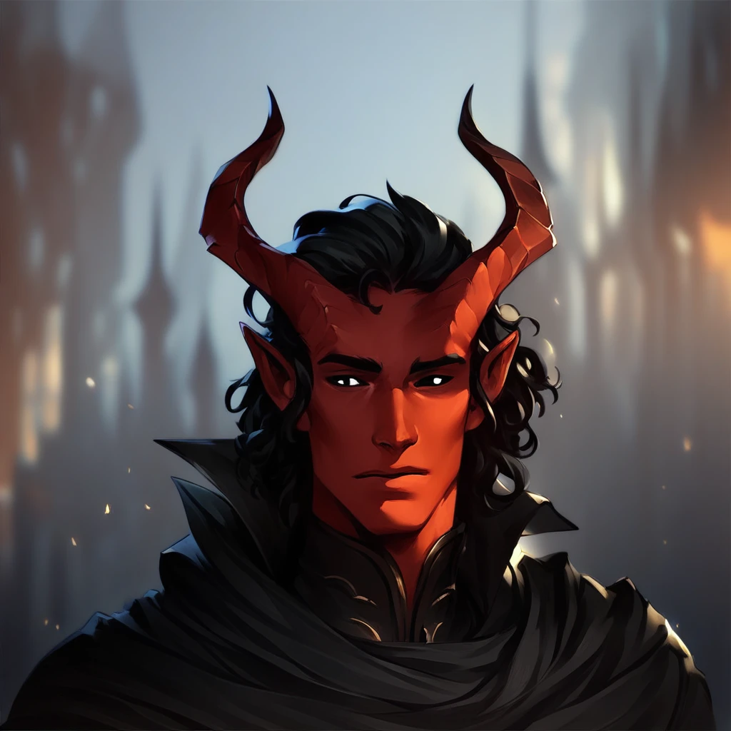 (((beautiful, high quality))), portrait, score_9, score_8_up, score_7_up, Tiefling, pointed ears, horns, 1boy, dark red skin, black hair, total black eyes, black cape, fantasy background, blurred background, (((comely, high qualiy))), portraite, armors, Fantasy Background