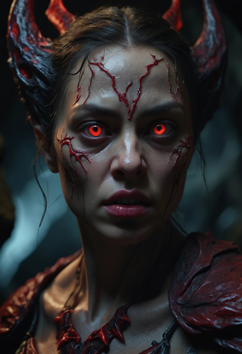 (Best Quality,4k,8k,high resolution,Masterpiece:1.2),ultra detailed,sharp focus,(realist,photorealist,photo-realist:1.37),Very detailed face,extremely detailed facial features,hyper realist skin texture,extremely fine details,intricate details, detailed eyes,Detailed nose,detailed lips,detailed facial expressions,intricate facial anatomy,intense lighting, dramatic lighting,changing lighting,cinematic lighting,chiaroscuro lighting,dramatic shadows,dramatic moments, vivid colors,intense colours,Deep contrast,cinematic depth of field,cinematographic composition,cinematic camera angle, detailed fantasy creature, dark cave, glowing red eyes, malevolent presence, Mysterious atmosphere, dramatic lighting, dark shadows, moody tones, cinematic composition, hyper-realistic, 8k, high quality, masterpiece
