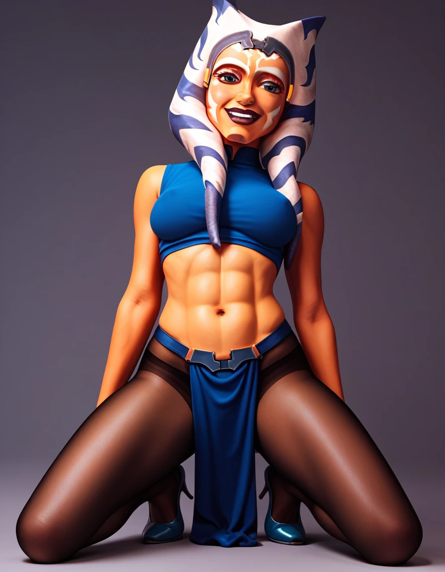 Ahsoka con black pantyhose, from ahead, with thin and not high blue heels, loincloth and blue top, black pantyhose, looking smiling at the viewer, sexy model body