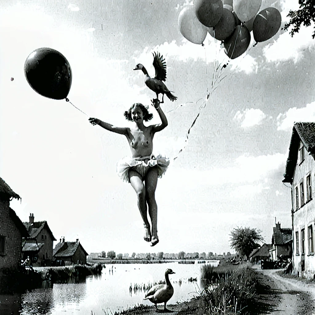 An old photo from the time of the First World War, a girl in underpants with a balloon, sitting astride a huge goose and running rushes through the village.