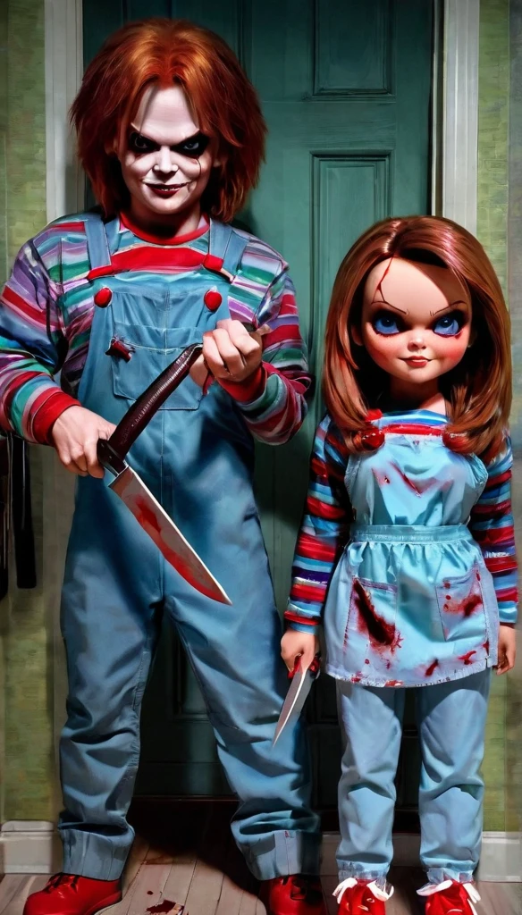 A pair of killers looking like Chucky and Tiffany holding a knife from the horror series