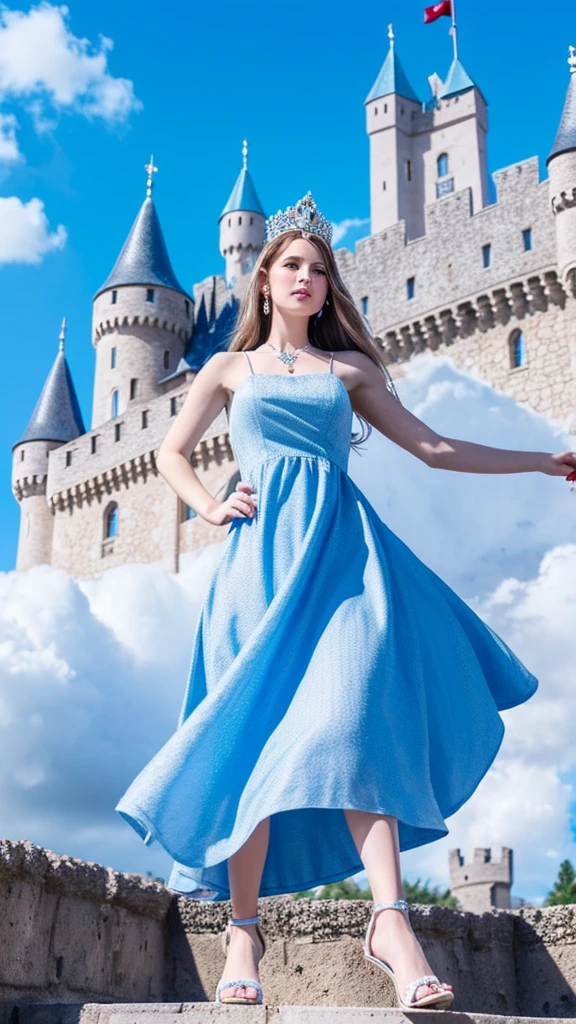 This is a blue-eyed woman who has a beautiful light blue dress., combiafo with some diamond sandals around her is a huge castle that can be seen with a sky that has many clouds and is blue, the girl has a crown with her