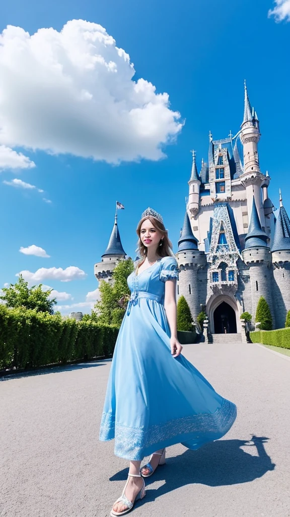 This is a blue-eyed woman who has a beautiful light blue dress., combiafo with some diamond sandals around her is a huge castle that can be seen with a sky that has many clouds and is blue, the girl has a crown with her