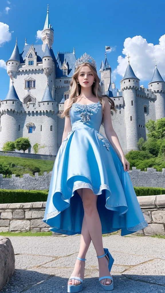This is a blue-eyed woman who has a beautiful light blue dress., combiafo with some diamond sandals around her is a huge castle that can be seen with a sky that has many clouds and is blue, the girl has a crown with her