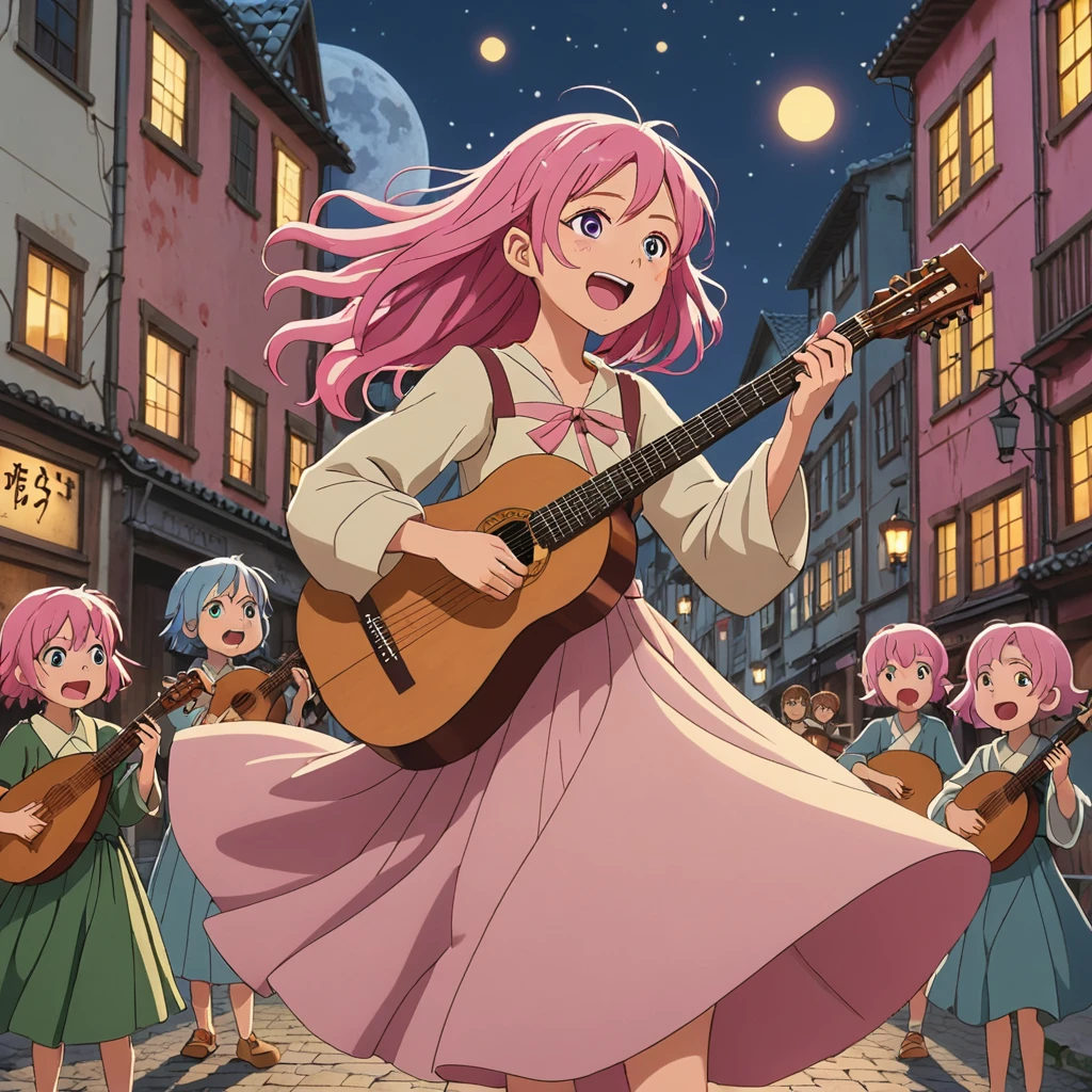 anime、On the road、Surrounded by children、Let the children listen。In the town。Cinematic shots, At the Crossroads, A minstrel with a lute and star-cloak serenades the wandering spirits. Melody weaves a tale of love and loss, And the spirits perform a mesmerizing dance., (anime イラスト :1.3)、Pink hair girl