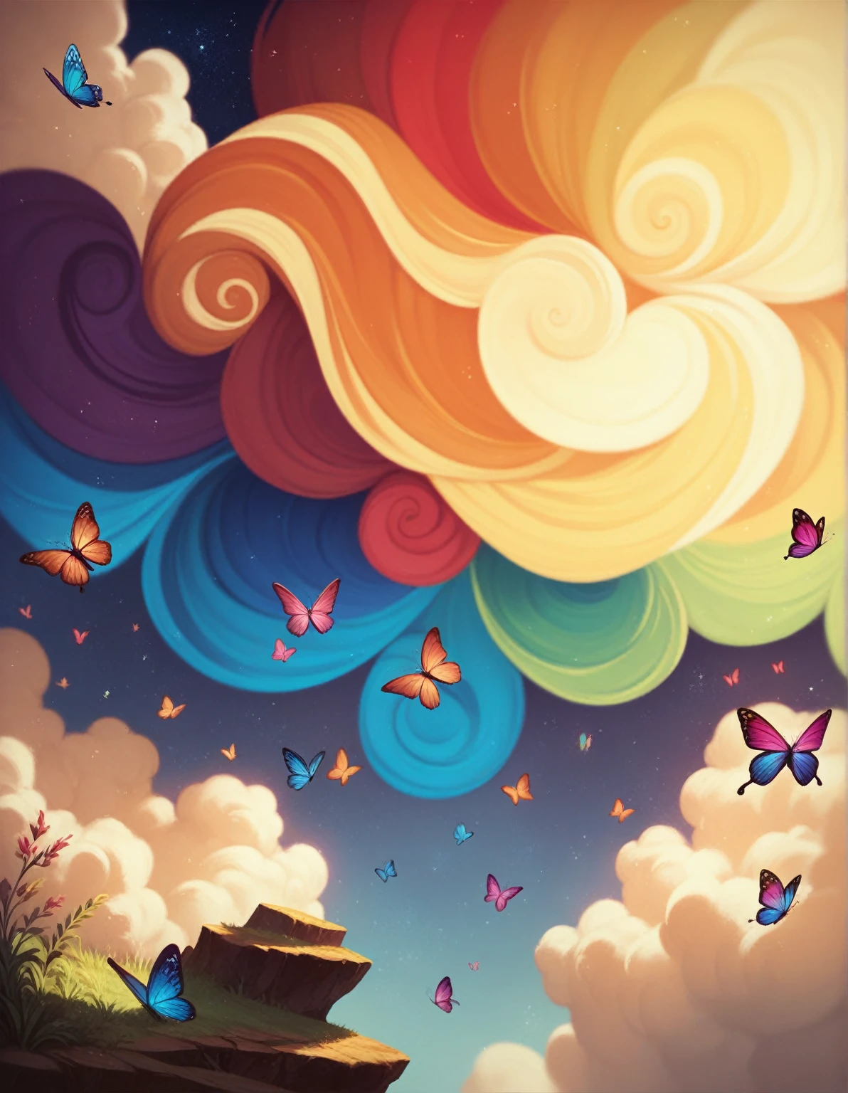 ((best quality)), ((masterpiece)), (detailed), Drawing a cute rainbow-colored round monster in space, rainbow-colored grass and butterflies flying on the water, looking up at the starry sky. Surrounding her with colorful nebulas and colorful forests.