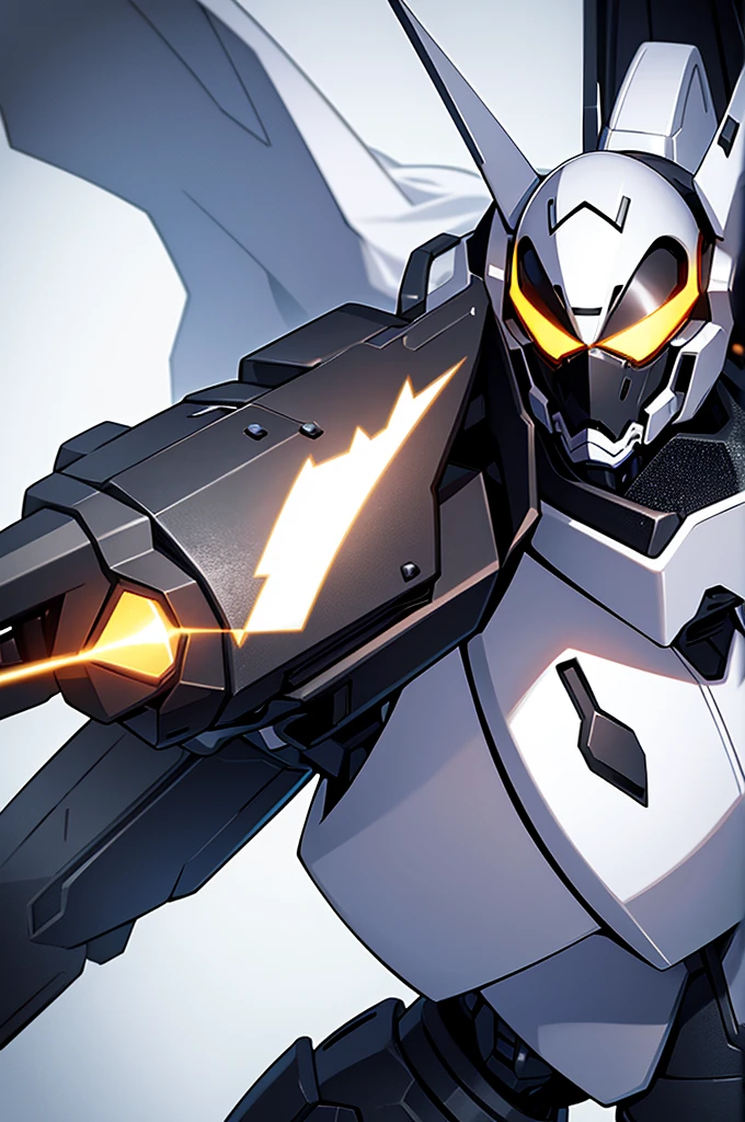 black battle mech, dynamic perspective,simple detaled, full body, heavy armor , white cape , face cover helmet with horns, white scarf, no background, warhammer style, woman shape, anime style,