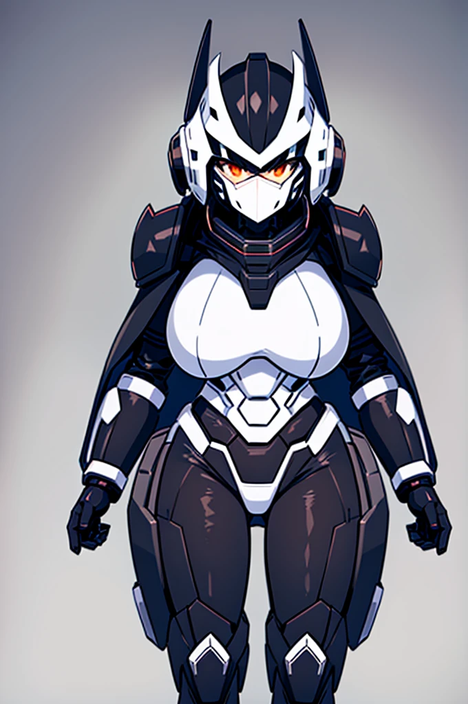 black battle mech, dynamic perspective,simple detaled, full body, heavy armor , white cape , face cover helmet with horns, white scarf, no background, warhammer style, woman shape, anime style,