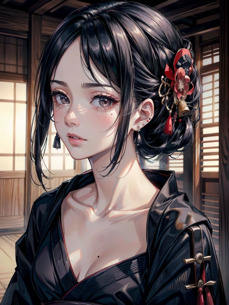absurdres, RAW photo, extremely delicate and beautiful, masterpiece, Best Quality, ultra high resolution, 32k, hyperrealistic, ultra-detailed, in her 20s, delicate facial features, tearful mole, earring, full body shot, shorter middle hair, black hair, kimono, ninja, samurai,