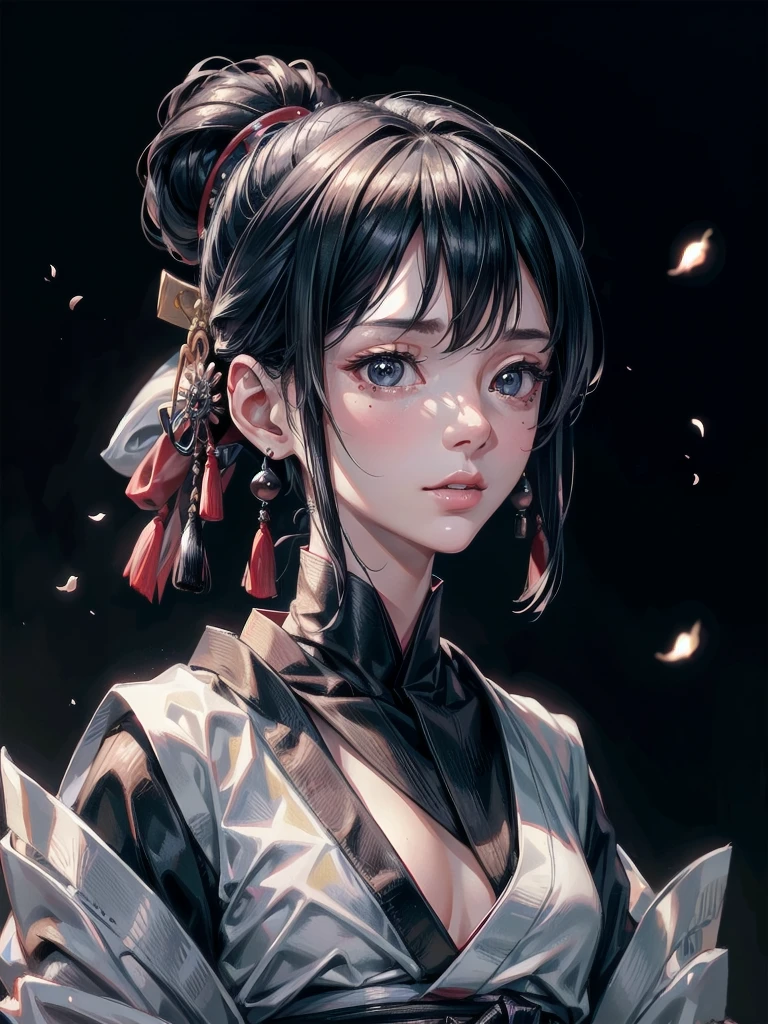 absurdres, RAW photo, extremely delicate and beautiful, masterpiece, Best Quality, ultra high resolution, 32k, hyperrealistic, ultra-detailed, in her 20s, delicate facial features, tearful mole, earring, full body shot, shorter middle hair, black hair, kimono, ninja, samurai,