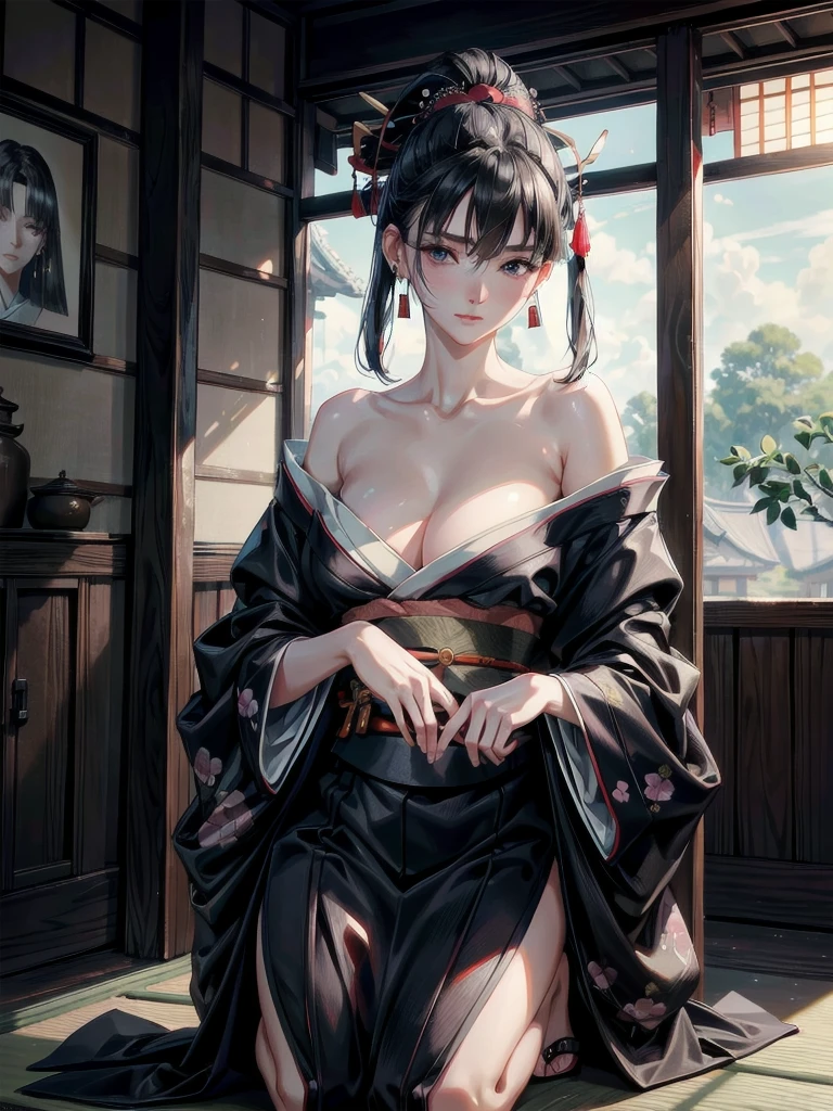 absurdres, RAW photo, extremely delicate and beautiful, masterpiece, Best Quality, ultra high resolution, 32k, hyperrealistic, ultra-detailed, in her 20s, delicate facial features, tearful mole, earring, full body shot, shorter middle hair, black hair, kimono, ninja, samurai,