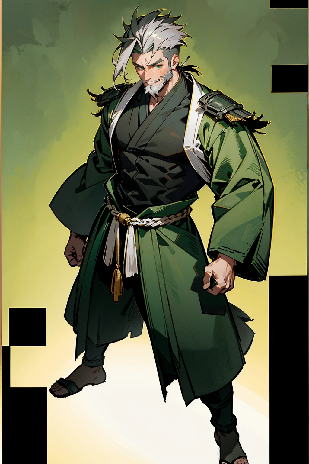 1male , Messy Grey Hair , Undercut Hair , Green and Black haori  , Combat Clothing , Green Eyes ,Happy Expression , Beard , Perfect Generation  , Adult Male , Muscular , Temple Background , Standing on Path
