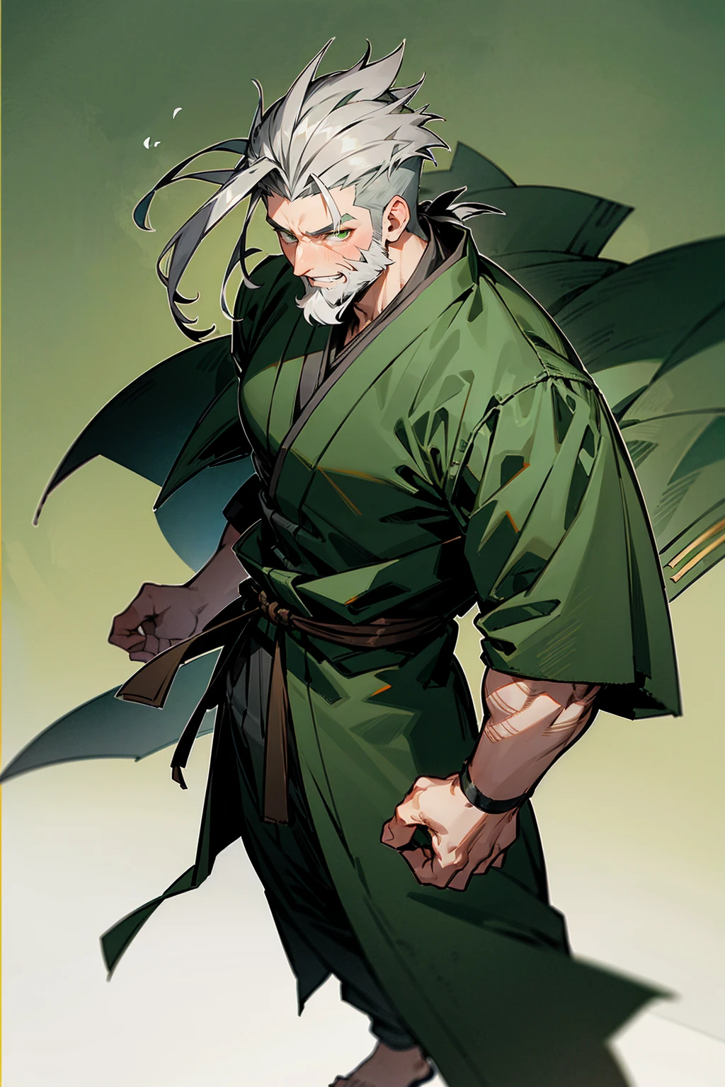 1male , Messy Grey Hair , Undercut Hair , Green and Black haori , Combat Clothing , Green Eyes ,Happy Expression , Beard , Perfect Generation , Adult Male , Muscular , Temple Background , Standing on Path