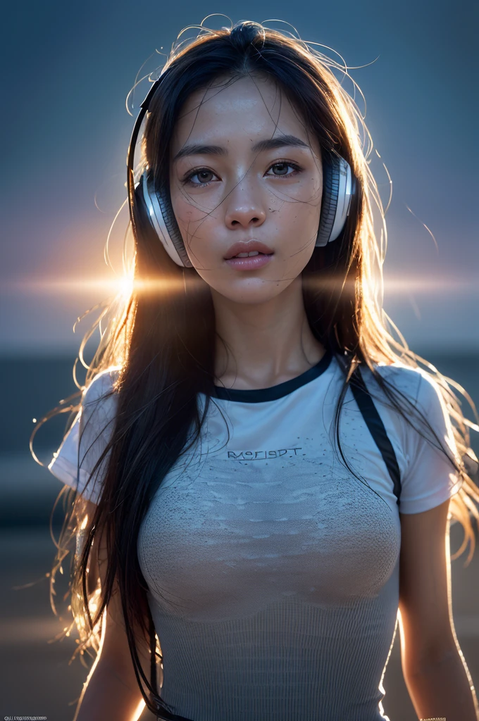 dressed, (photo realistic:1.4), (hyper realistic:1.4), (realistic:1.3), (smoother lighting:1.05), (increase cinematic lighting quality:0.9), 32K, 1girl,20yo girl, realistic lighting, backlighting, light on face, ray trace, (brightening light:1.2), (Increase quality:1.4), (best quality real texture skin:1.4), finely detailed eyes, finely detailed face, finely quality eyes, (tired and sleepy and satisfied:0.0), face closeup, t-shirts, listens to music with headphones, (Increase body line mood:1.1), (Increase skin texture beauty:1.1)