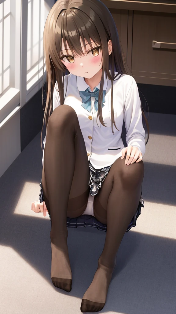 Highest quality, masterpiece, High resolution, (Head to Toe full body), front, frontやや下からの構図, Symmetric, Tall 18 year old girl, alone, (Head to Toe), (Small breasts), disheveled brown hair, bangs, (black tights), (Black Pantyhose), (Sit with your legs apart), (Crouching pose), (Composition showing white panties), (She has her legs spread and her white panties are visible.), (Sit on the floor with your legs spread), (M-shaped foot), Thin legs, とても美しくTall 18 year old girl, (No shoes), blush, Shy big eyes, Looking into the camera, Blazer uniform, Checkered Pleated Skirt、Furukawa Yui