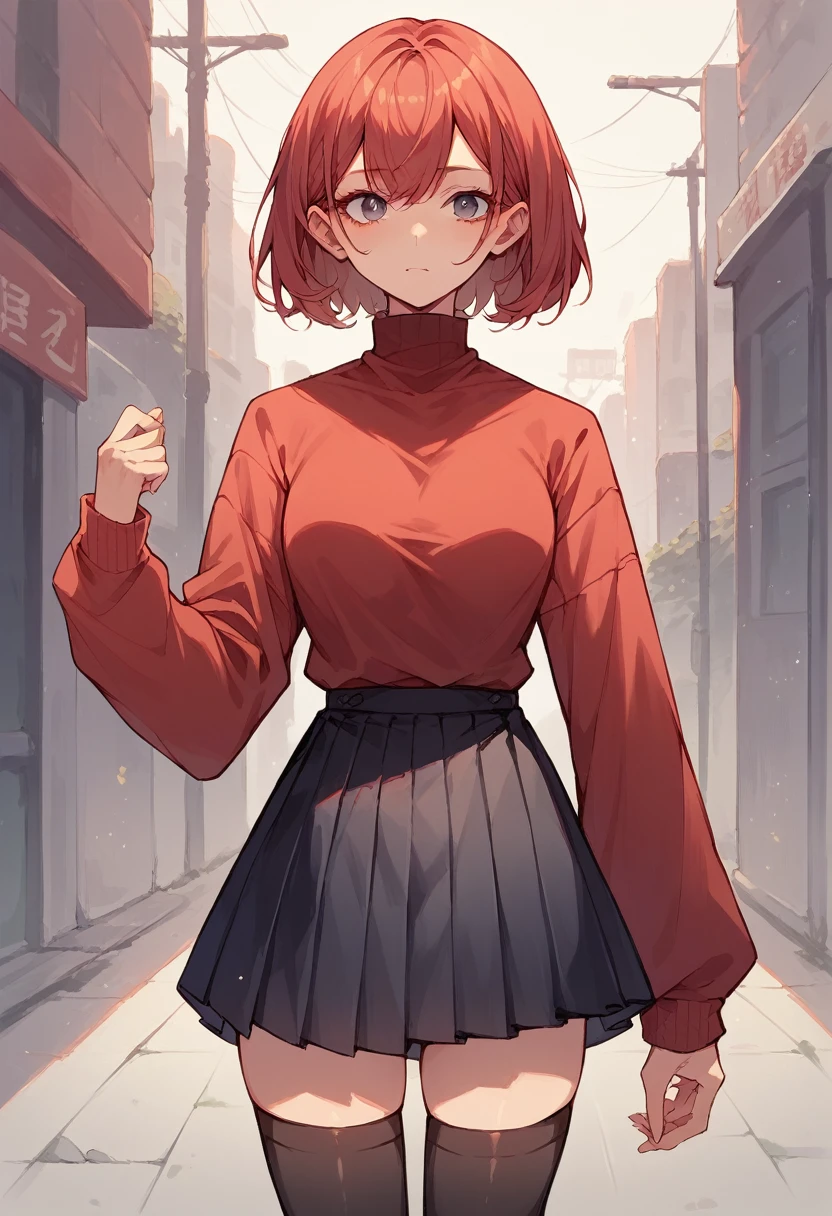 black skirt, black thighhighs, long sleeves, miniskirt, pleated skirt, red sweater, skirt, sweater, thighhighs, turtleneck,