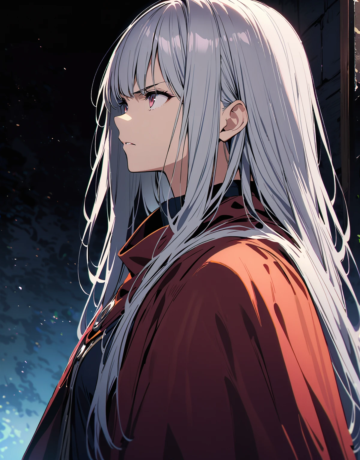 Highest quality、Very high quality、high resolution、Serious face,(Detailed face), (Fine grain),of long white hair, Gray-haired  流れるような髪と長いローブ, (The moon behind him), Wearing a long haired cloak, 白いLong Hairの,  Gray-haired, Long Hair,(Looking up at the sky)(profile)