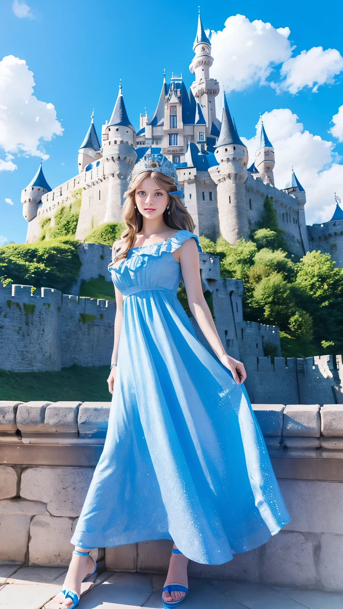 This is a blue-eyed woman who has a beautiful light blue dress., combiafo with some diamond sandals around her is a huge castle that can be seen with a sky that has many clouds and is blue, the girl has a crown with her