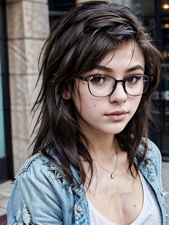 (masterpiece, Best quality:1.2), 1 young tomboy girl, 22, One, Russian chubby brown-eyed girl in glasses with aesthetic small breasts and beautiful erect nipples, round face, round cheeks, small round chin, wide cheekbones, beautiful proportional small wide nose, Plump lips, closed mouth, expressive brown eyes, Long eyelashes, glasses with lenses, A little crazy look, sparkle in the eyes, spiky tousled dark brown tousled slightly wavy medium length shoulder length hair, t-shirt, Jean jacket, beautiful muscular arms, Graceful fingers, velvety skin, photograph of the upper body from the waist up, high quality human skin textures, Beautiful face, Ideal Anatomy, realistic textures, realistic glasses with distorting lenses, medium shot, free pose