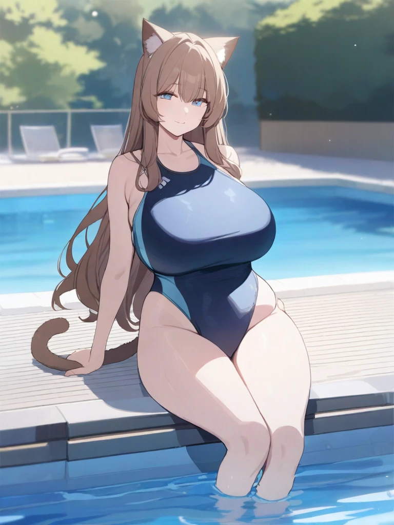 masterpiece, best quality, high quality, beautiful anime character, solo, anime girl with brown hair, soft hair, long hair, blue eyes, cat ears, big breasts, mature female, tall female, big girl, thick, (calming face, light smile, loving eyes), outdoors, (pool swimsuit), cat tail, full body, sitting, 