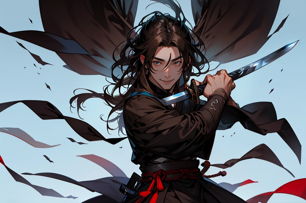 Young men、Dark brown long hair、Hair is tied back、Looking up、An inappropriate smile、Best Features of Dark Brown Eyes、Slit eyes、{High resolution}、Samurai、Dark brown eyes、(Sharp Eyes)、(((Young men)))、Face clarity、The whites of the eyes are clearly visible、Hall々A relaxed atmosphere、Sit down、Solid blue background、Very long Japan sword、Bust up shot