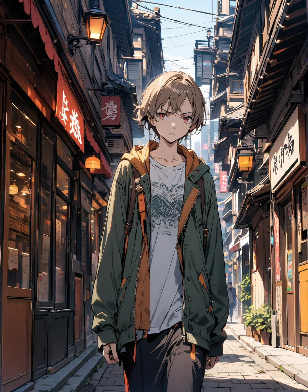 Highest quality、Very high quality、high resolution、Serious face,extremely delicate writing,(Detailed face), (Fine grain), Walking around the city,male
