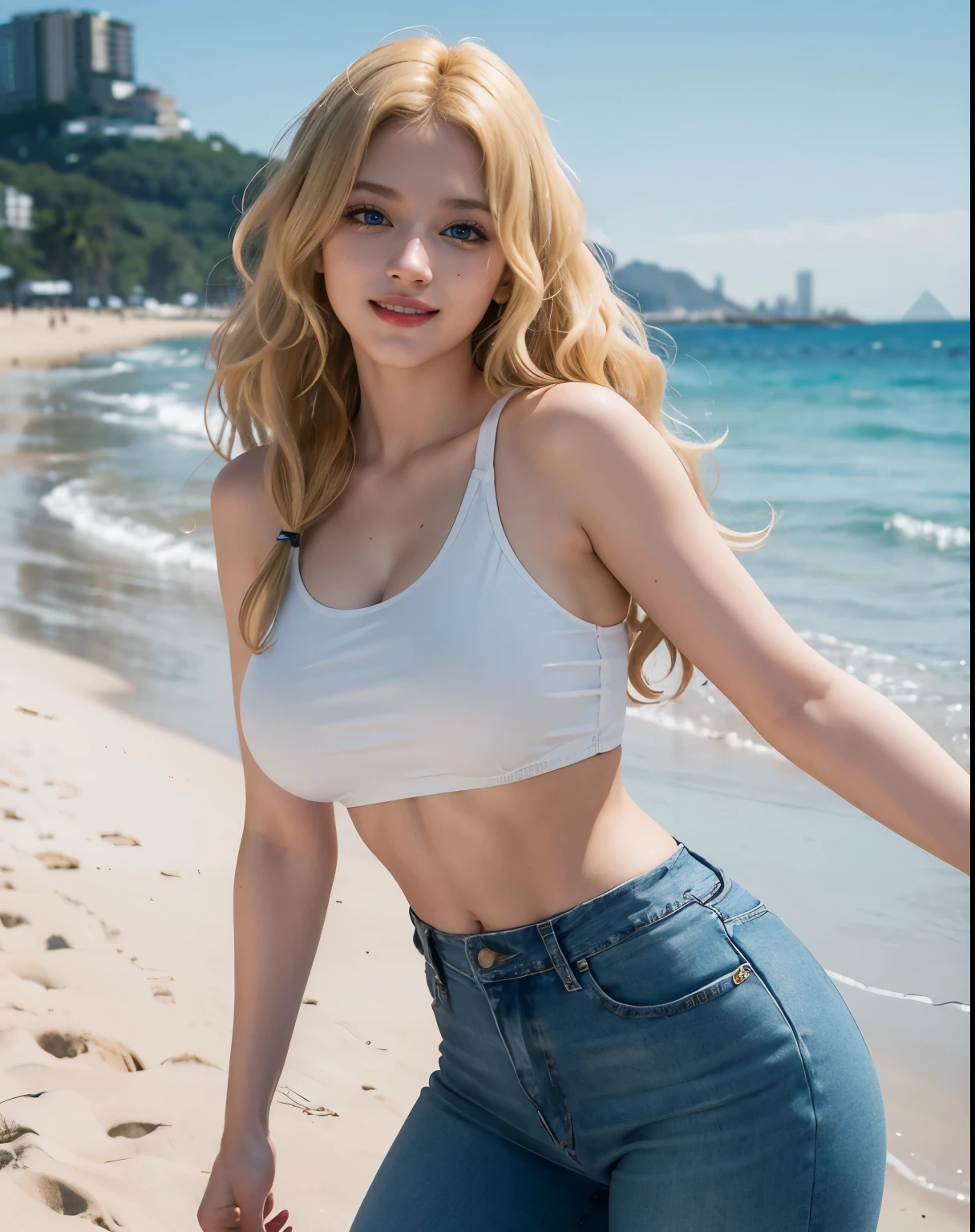 1girl, (Blue Eyes), (smiling :1.2), (Sana Minatozaki), Light makeup, (big tits :1.2), (big ass), (thin waist :1.2), (thick thighs), (strong legs :1.2), (Best Quality, 8k, Masterpiece: 1.3), Clear Focus: 1.2, Perfect Body Beauty: 1.4, strong abs, Highly detailed face and skin texture, detailed eyes, double eyelids, (shiny skin :1.2), (long blonde hair with curls :1.2), (white tanktop), (jeans), standing, dynamic pose, on a beach, city in the background
