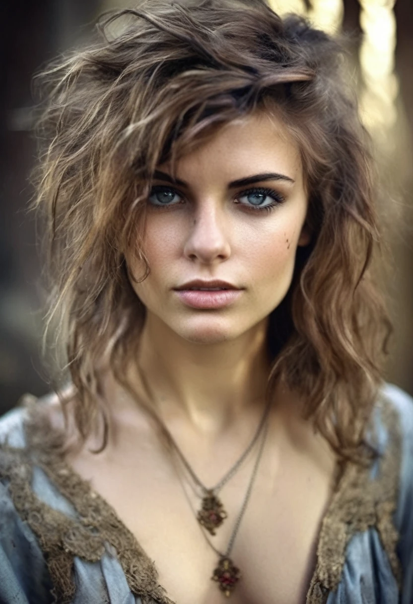 photorealistic, cute woman with messy hair and poor tattered clothes, beautiful sexy, (detailed medieval background), ultra sharp focus, detailed face, (((posing))), random hair color, short hair, pretty eyes, whole body, High quality analog color photography., depth of field, film grain