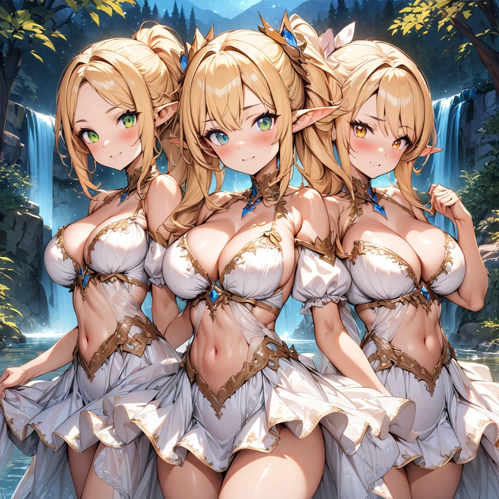 (masterpiece), (highest quality), (illustration), (super detailed), (high resolution), absurdity, 3girls,elf princess,toragao,blush,ornate princess dress,blonde hair,red hair,light pink hair,long hair,short hair,green eyes,orange eyes,blue eyes,night,forest lake,waterfall,looking at viewer,bimbo,cowboy shot,water