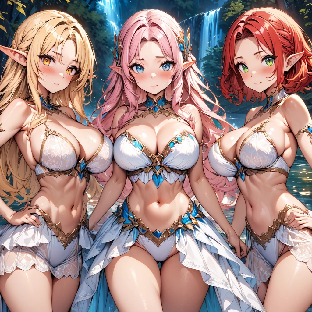 (masterpiece), (highest quality), (illustration), (super detailed), (high resolution), absurdity, 3girls,elf princess,toragao,blush,ornate princess dress,blonde hair,red hair,light pink hair,long hair,short hair,green eyes,orange eyes,blue eyes,night,forest lake,waterfall,looking at viewer,bimbo,cowboy shot,water