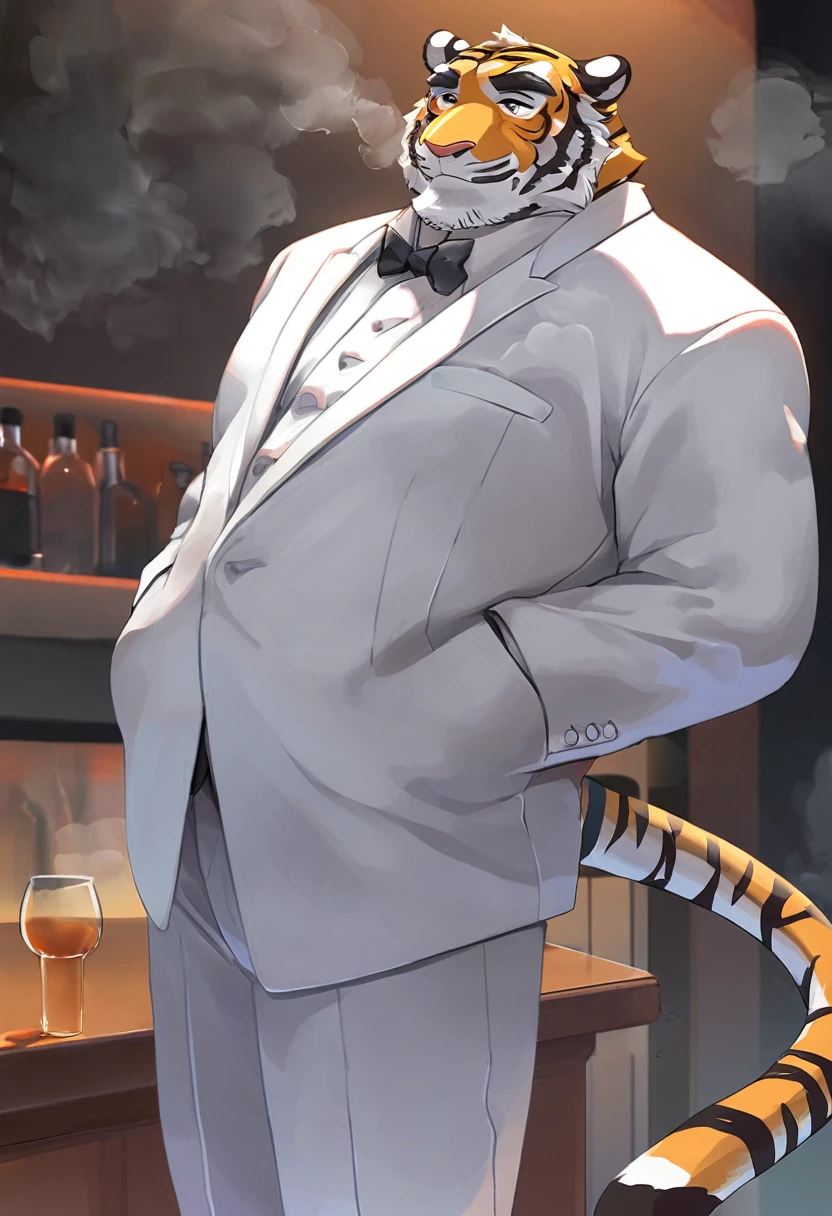 Tiger，personification，Mature male，Bad Uncle，A frivolous drinker，Cold expression，Black pupil，Black eyebrows，White suit suit，Hands in pockets，The Age of Steam，Lively bar。