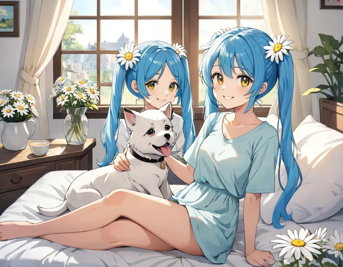 The room is decorated with many daisies.、Margaret flowers on the windowsill、The morning sun is shining、Long light blue hair、Beautiful girl with twin tails、Sitting on the bed holding a large pillow、Bright smile、There is a dog by the window