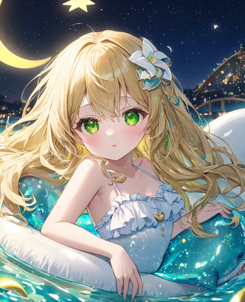 (masterpiece, best quality:1.2), (absurdres, highres, ultra-detailed), (perfect anatomy),
Cute Girls、Night Pool、Dolphin on a float、Blonde、Fluffy longhair、Yellow-green eyes、Background glitter、night、Crescent Moon、heart、White frilly swimsuit
(8K, RAW photo:1.2),detailed face and eyes,intricate detail ,masterpiece ,sharp focus, high quality,BREAK,rating: general, newest