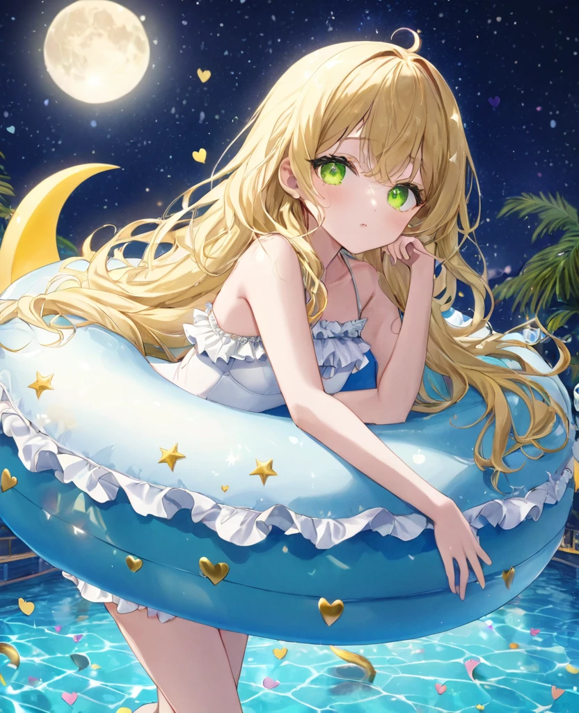(masterpiece, best quality:1.2), (absurdres, highres, ultra-detailed), (perfect anatomy),
Cute Girls、Night Pool、Dolphin on a float、Blonde、Fluffy longhair、Yellow-green eyes、Background glitter、night、Crescent Moon、heart、White frilly swimsuit
(8K, RAW photo:1.2),detailed face and eyes,intricate detail ,masterpiece ,sharp focus, high quality,BREAK,rating: general, newest