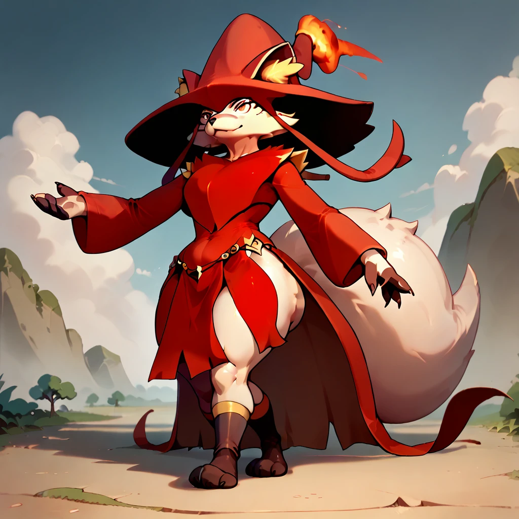 (Wixen)(sexy)(woman)(detailed face)(red witch hat)(white skin)(blush)(red cloth coat) detailed clothes, [[fox]] good anatomy(medium size breast)(big ass)standing straight, detailed tail, front view