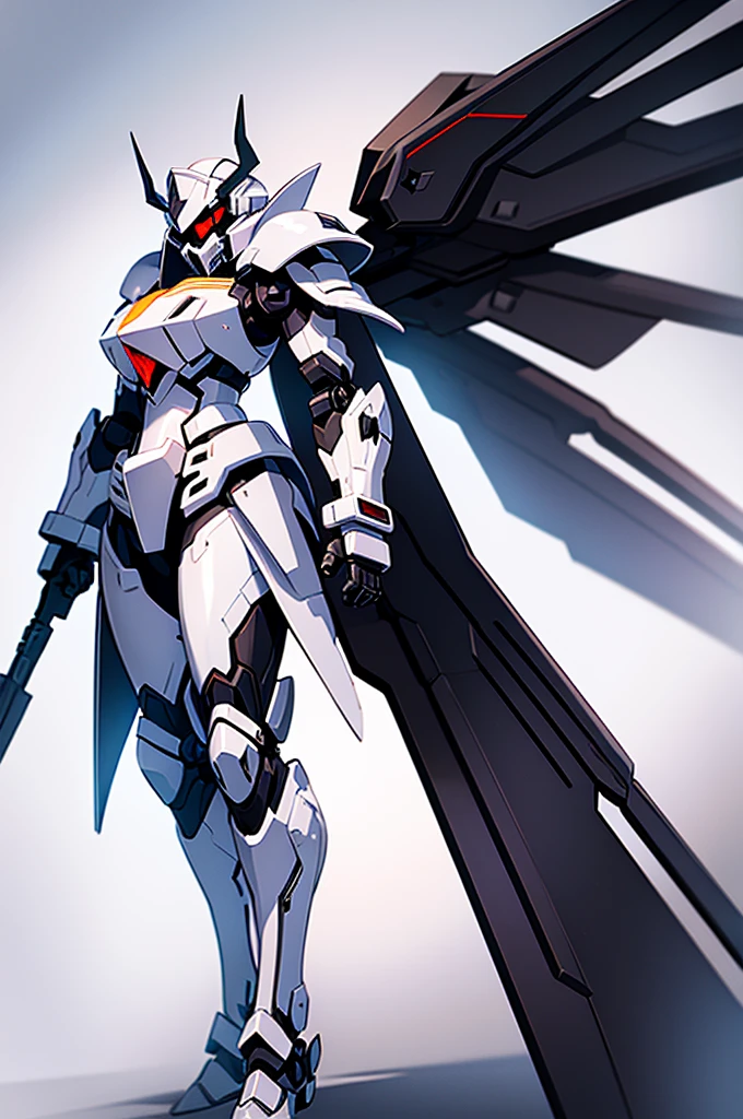 black battle mech, dynamic perspective,simple detaled, full body, heavy armor , white cape , face cover helmet with horns, white scarf, no background, warhammer style, woman shape, anime style,