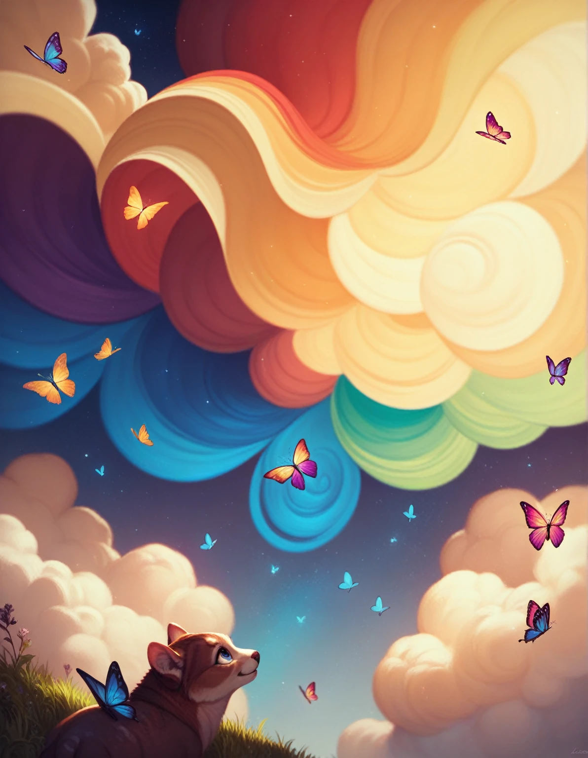 ((best quality)), ((masterpiece)), (detailed), Drawing a cute rainbow-colored round monster in space, rainbow-colored grass and butterflies flying on the water, looking up at the starry sky. Surrounding her with colorful nebulas and colorful forests. Many shiny blinding glitters and lights
