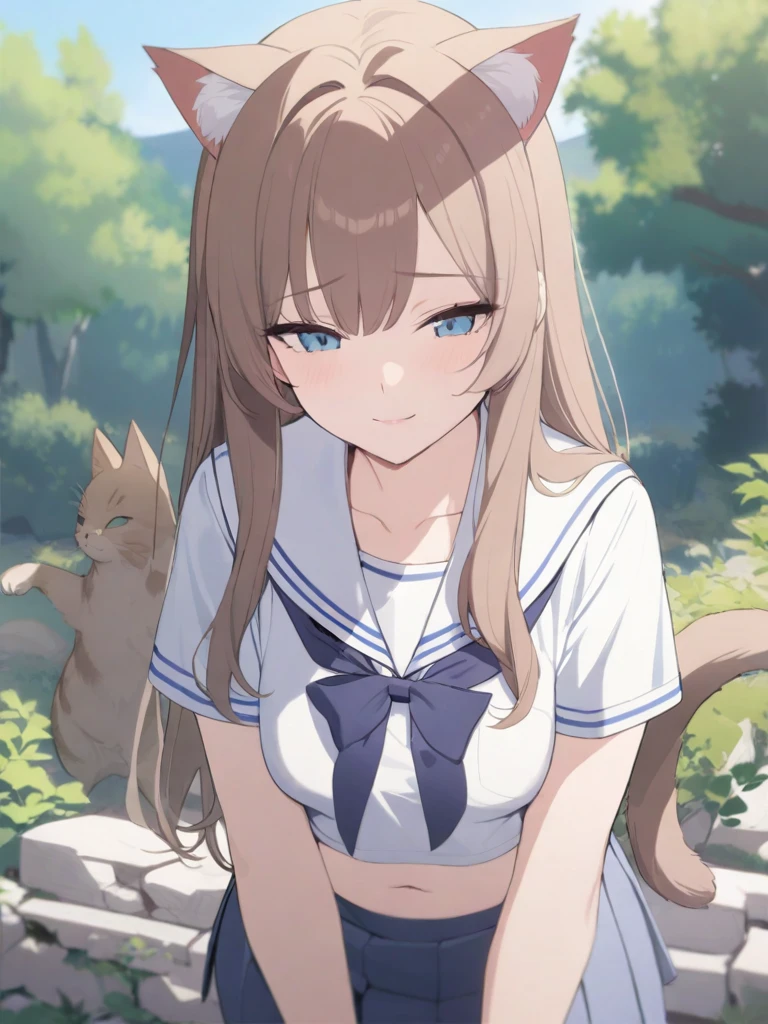 masterpiece, best quality, high quality, beautiful anime character, solo, anime girl with brown hair, soft hair, long hair, blue eyes, cat ears, slightly big breasts, mature female, tall female, big girl, thick, (calming face, light smile, loving eyes), outdoors, (sailor uniform, pleated skirt, ribbon), short sleeves, cat tail, navel,