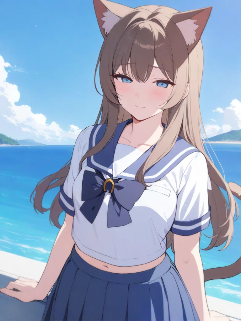 masterpiece, best quality, high quality, beautiful anime character, solo, anime girl with brown hair, soft hair, long hair, blue eyes, cat ears, slightly big breasts, mature female, tall female, big girl, thick, (calming face, light smile, loving eyes), outdoors, (sailor uniform, pleated skirt, ribbon), short sleeves, cat tail, navel,