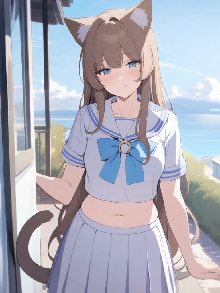 masterpiece, best quality, high quality, beautiful anime character, solo, anime girl with brown hair, soft hair, long hair, blue eyes, cat ears, slightly big breasts, mature female, tall female, big girl, thick, (calming face, light smile, loving eyes), outdoors, (sailor uniform, pleated skirt, ribbon), short sleeves, cat tail, navel, 