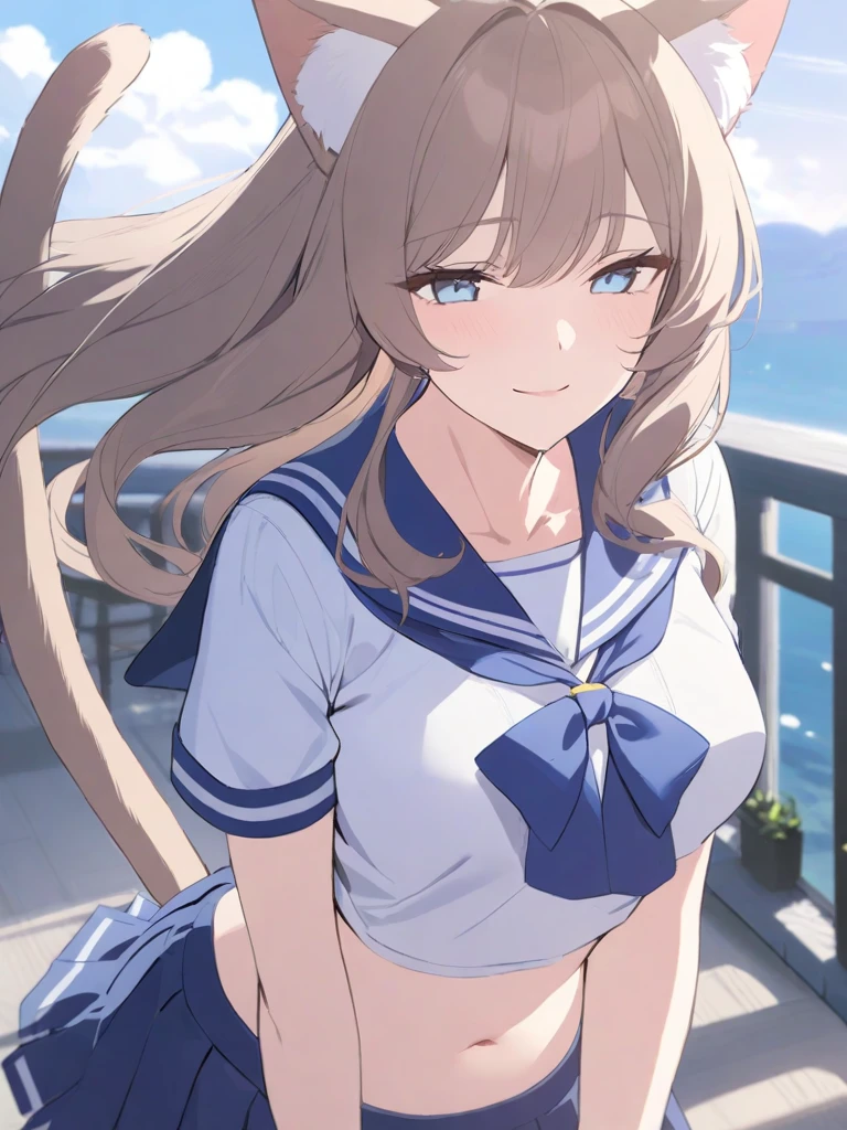 masterpiece, best quality, high quality, beautiful anime character, solo, anime girl with brown hair, soft hair, long hair, blue eyes, cat ears, slightly big breasts, mature female, tall female, big girl, thick, (calming face, light smile, loving eyes), outdoors, (sailor uniform, pleated skirt, ribbon), short sleeves, cat tail, navel,