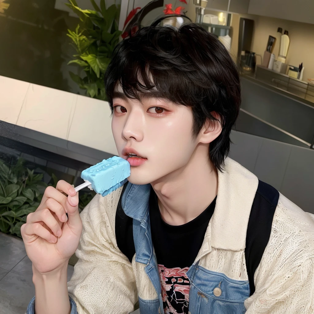 asian  araffed with a toothbrush in his mouth, Jung Jaehyun, wicked ulzzang, cai xukun, with short hair, taehyung eating gucci fries, kim taejin, eating ice cream, eating ice cream, Yanjun Chengt, handsome japanese demon boy, Sakimichan, jinyoung shin, pale korean adorable face, xqc