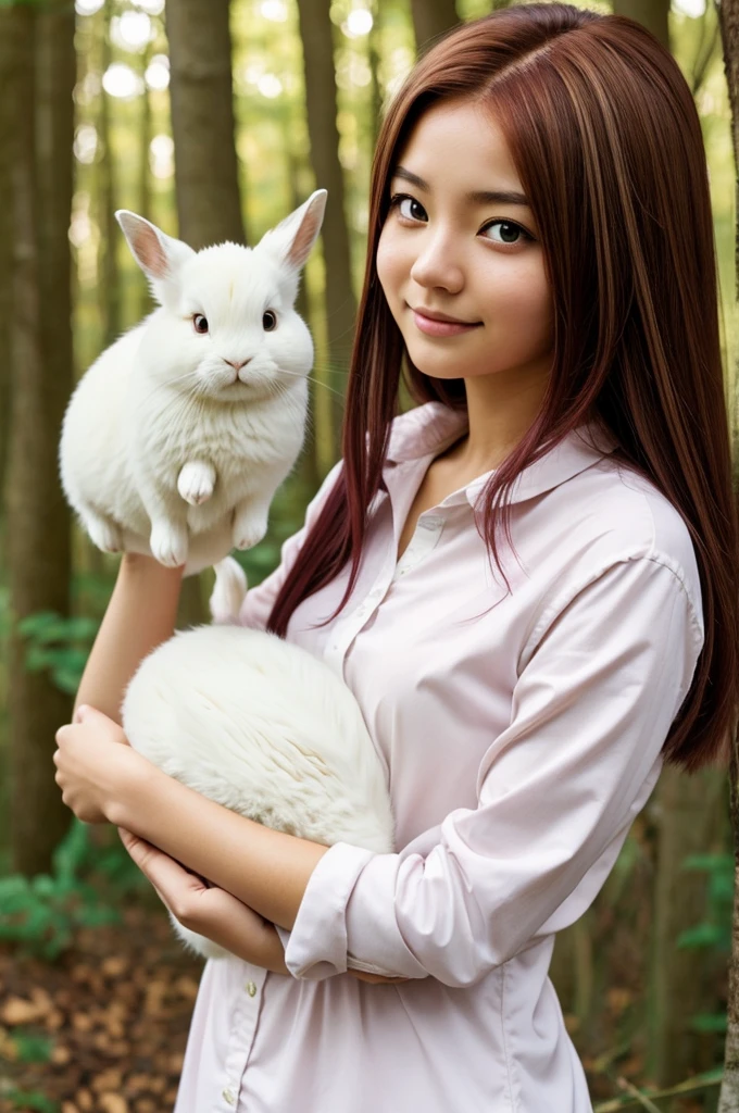 Hayao Miyazaki style burgundy haired girl with white skin brown almond eyes with blonde highlights straight brown hair and holding a rabbit
