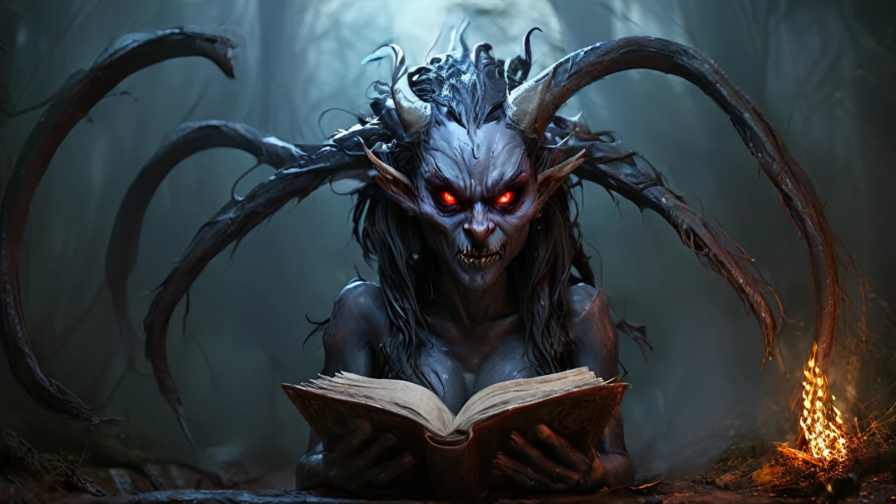 Evil witch, demonic reading, demon with horns behind, malevolent aura