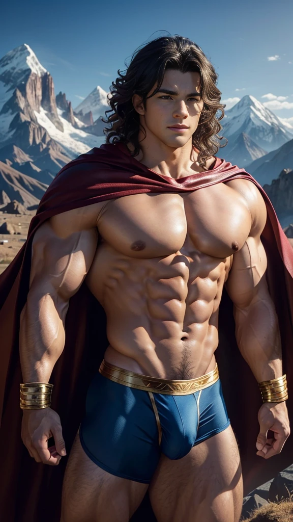 (muscular cute beautiful young boy Arion), huge strong biceps volume, huge exposed chest muscles volume, strong muscular legs, exposed abs skin, tight superhero underwear and cape, huge cock bulge, mountains background, wavy hair, side view
